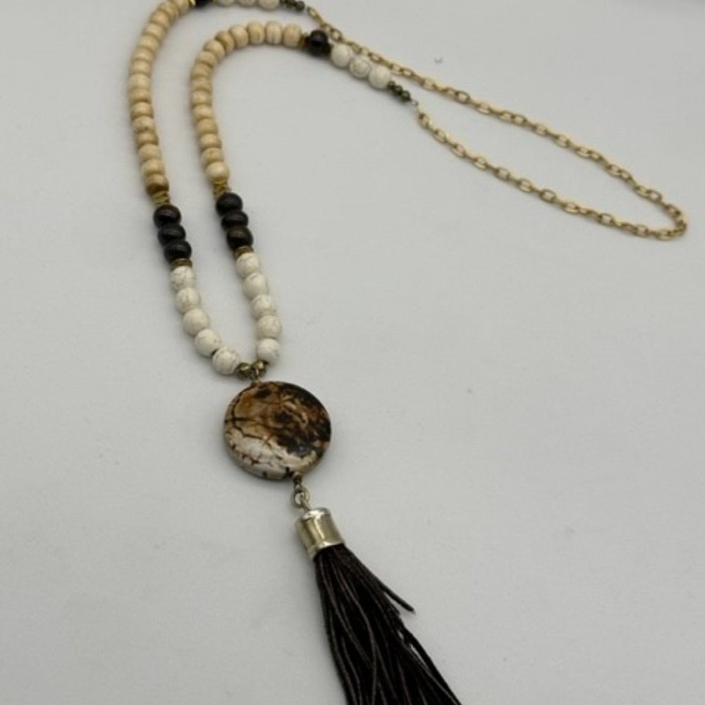 Tortoiseshell Suede Tassel Beaded Necklace